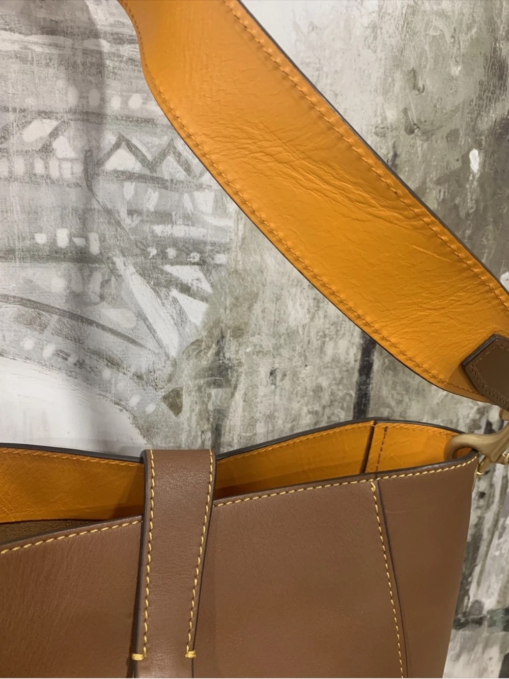 Leather Bucket Shoulder Bag in Brown with Gold Accent - Picture 3 of 16